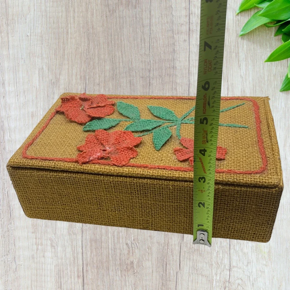 Vintage 1970's OOAK Burlap Covered Trinket Storage Box Hinged Lid Flowers Hippie